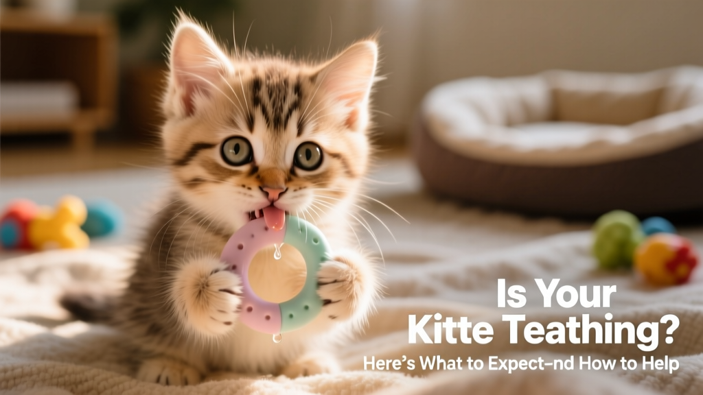 Close-up of a young kitten gently chewing on a soft rubber teething toy