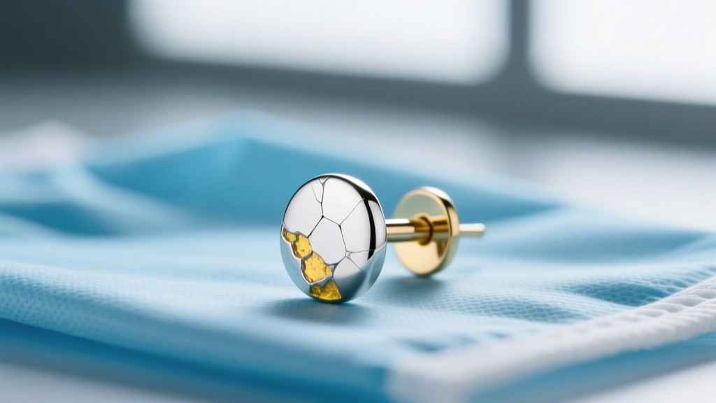 Macro view of an 18ct white gold earring post showing rhodium wear and underlying alloy, placed on a sterile blue medical drape.