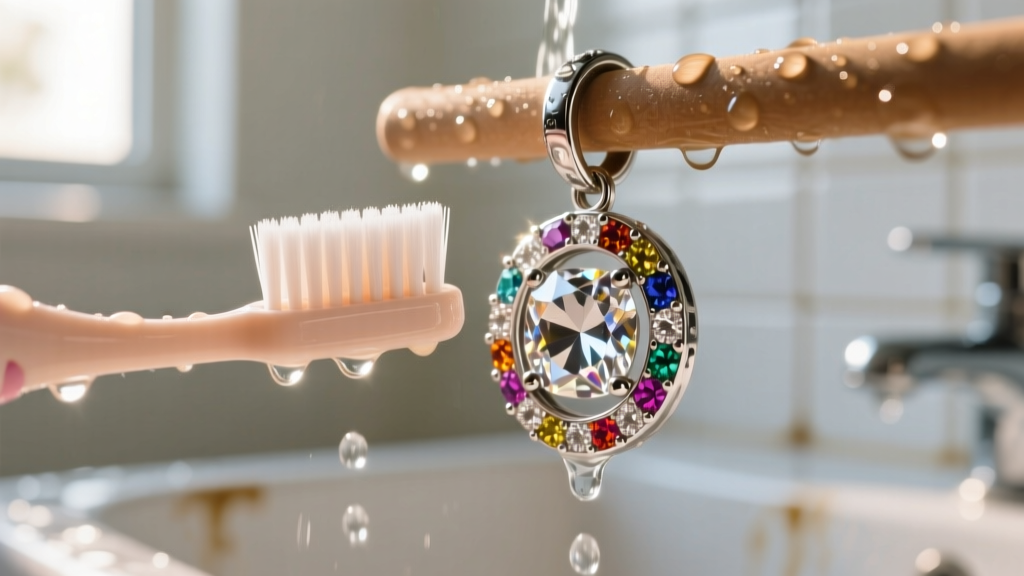 Soft baby toothbrush gently scrubbing a diamond-encrusted gymnastics bar charm under warm running water, high detail macro shot