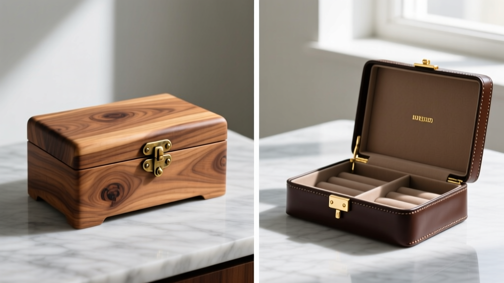 Split-screen showing a handcrafted walnut jewelry box with brass hinges next to a luxury store-bought leather jewelry organizer.