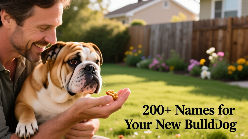 A person gently holding a young Bulldog’s gaze while offering a treat, illustrating positive name reinforcement