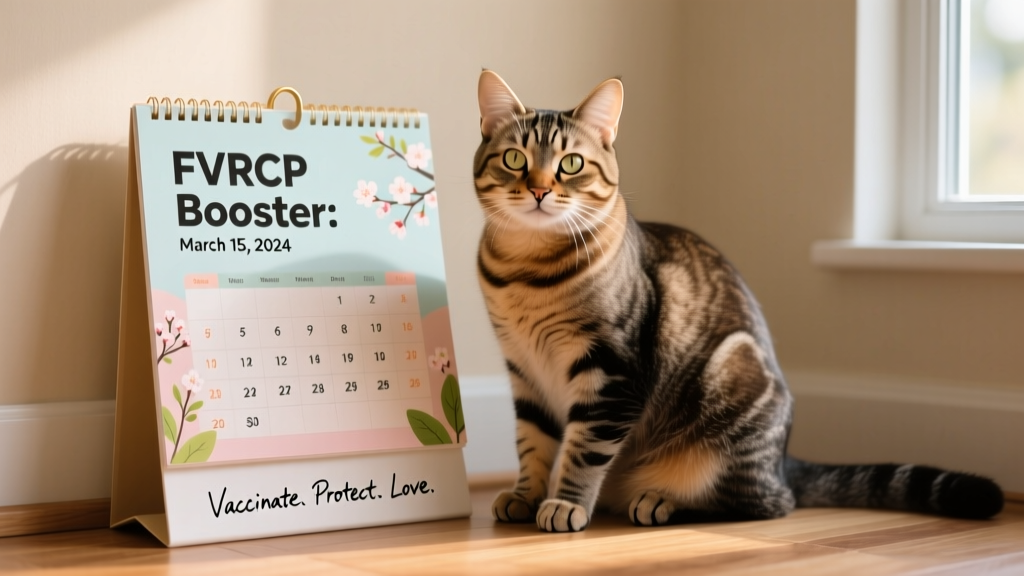 A happy, healthy adult cat sitting beside a calendar marked with FVRCP booster dates