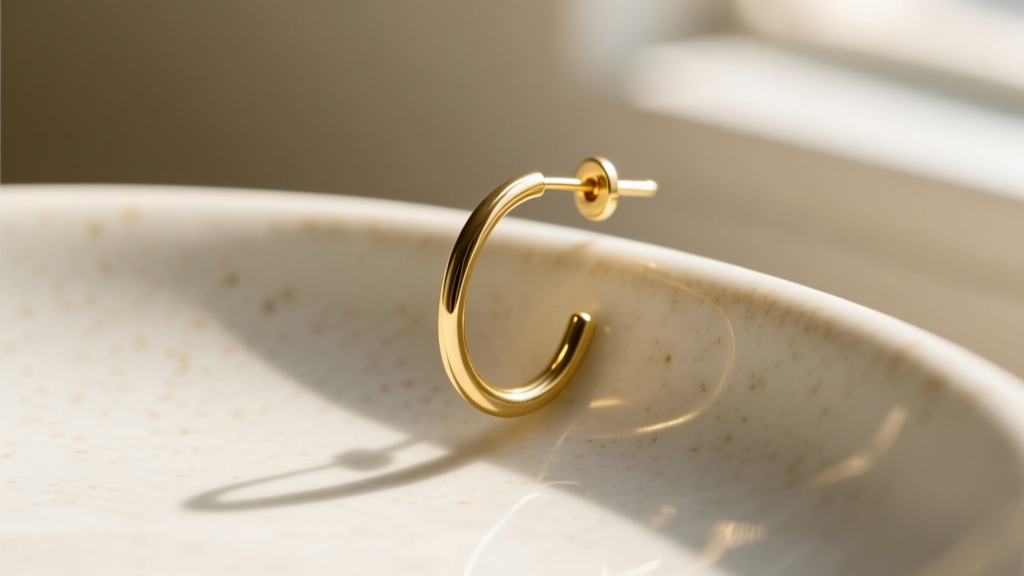 Macro shot of a 20-gauge 14k gold-filled threader earring dangling from a ceramic dish, highlighting the smooth rounded wire tip