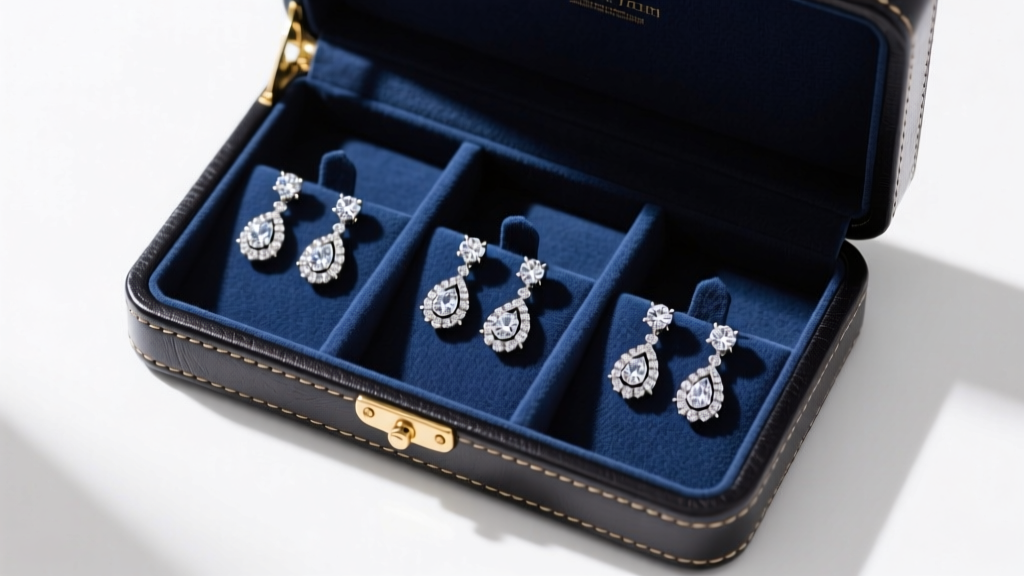 Overhead view of a leather travel jewelry box with felt slots securely holding three pairs of articulated diamond drop earrings