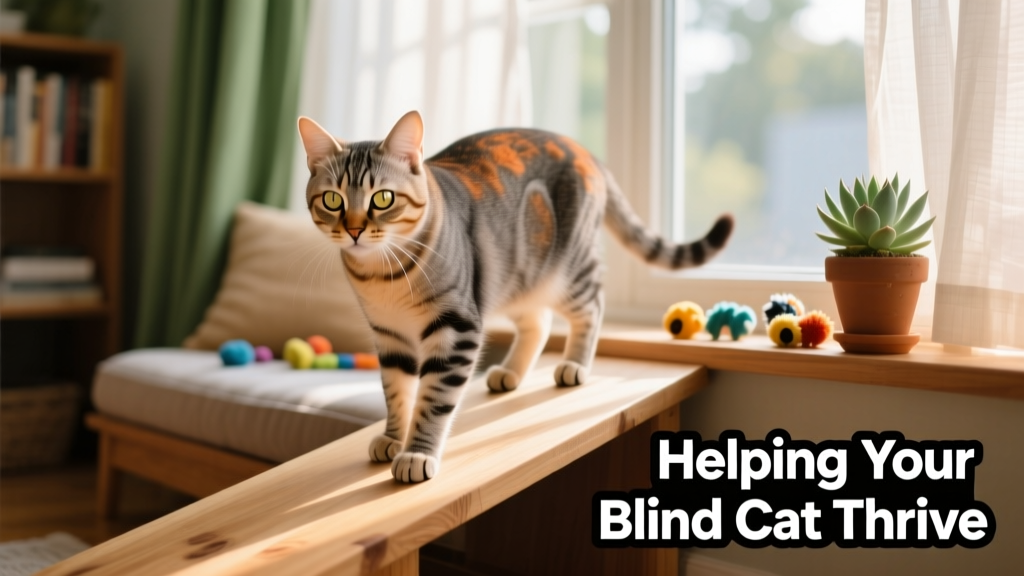 Blind cat confidently using a ramp to reach a cozy window perch