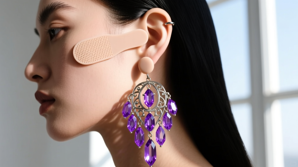 Side profile of a silicone patch holding a heavy violet chandelier earring on a pierced earlobe under bright natural lighting.