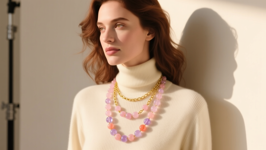 Woman wearing a layered vintage pink glass bead necklace with a 14k gold paperclip chain over a cream cashmere turtleneck top.