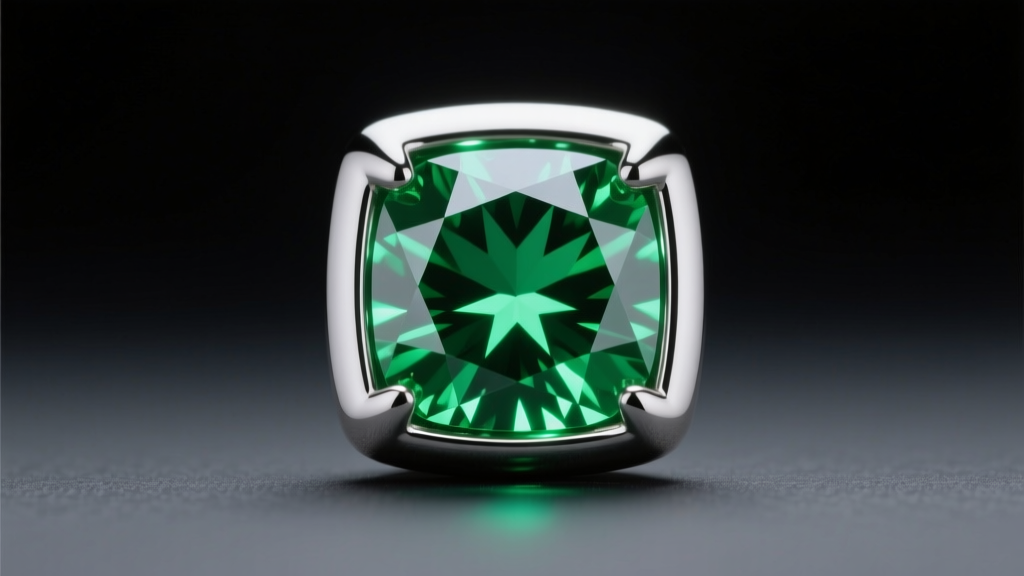 Macro photo of a 1.5-carat natural fancy vivid green diamond in a platinum bezel, illuminated by cool LED gemological lighting.