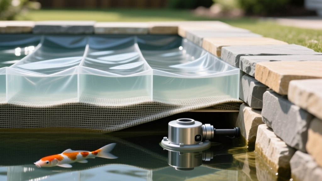 Cross-section of backyard koi pond showing 45-mil EPDM liner, geotextile underlayment, natural stone coping, and submersible pump