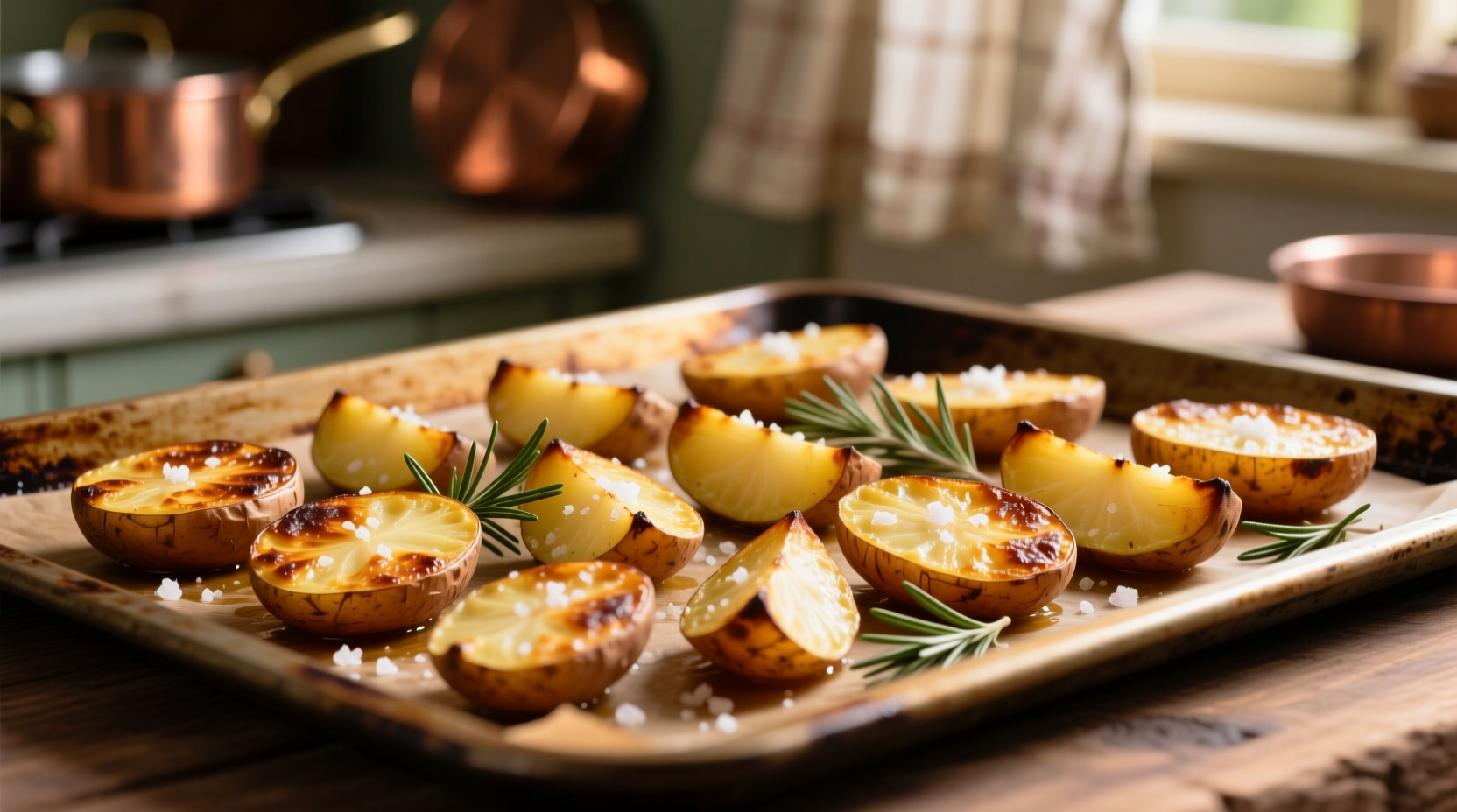 Golden roasted russet potato slices on baking sheet