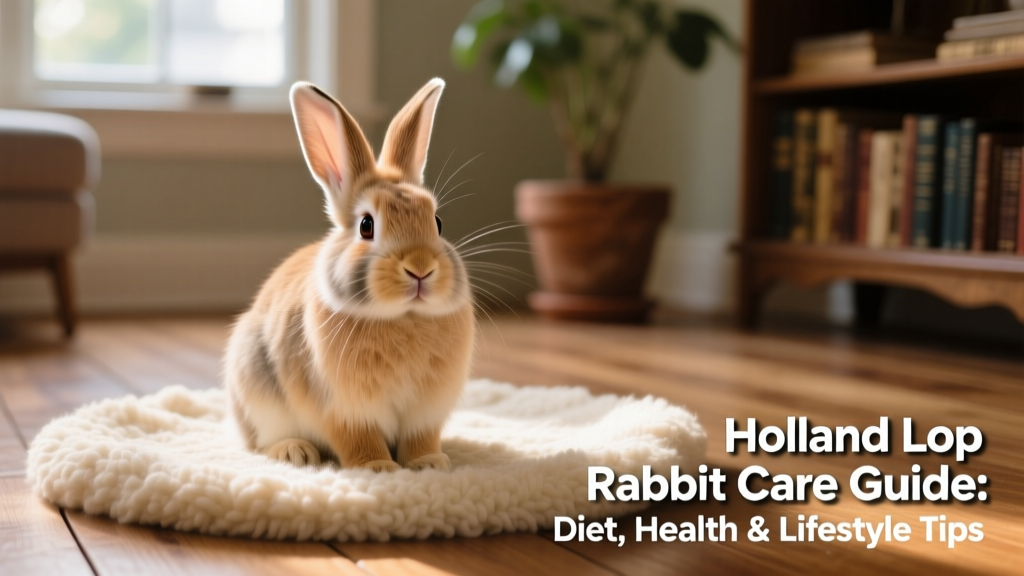A friendly Holland Lop rabbit sitting calmly on a soft rug, ears gently folded forward
