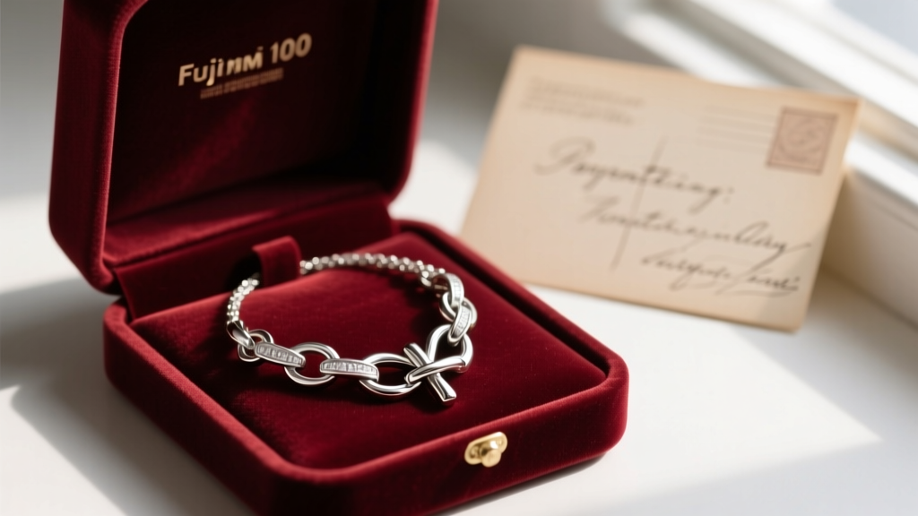Open velvet box revealing a heavy Argentium silver toggle necklace, with a blurred handwritten greeting card in the background.