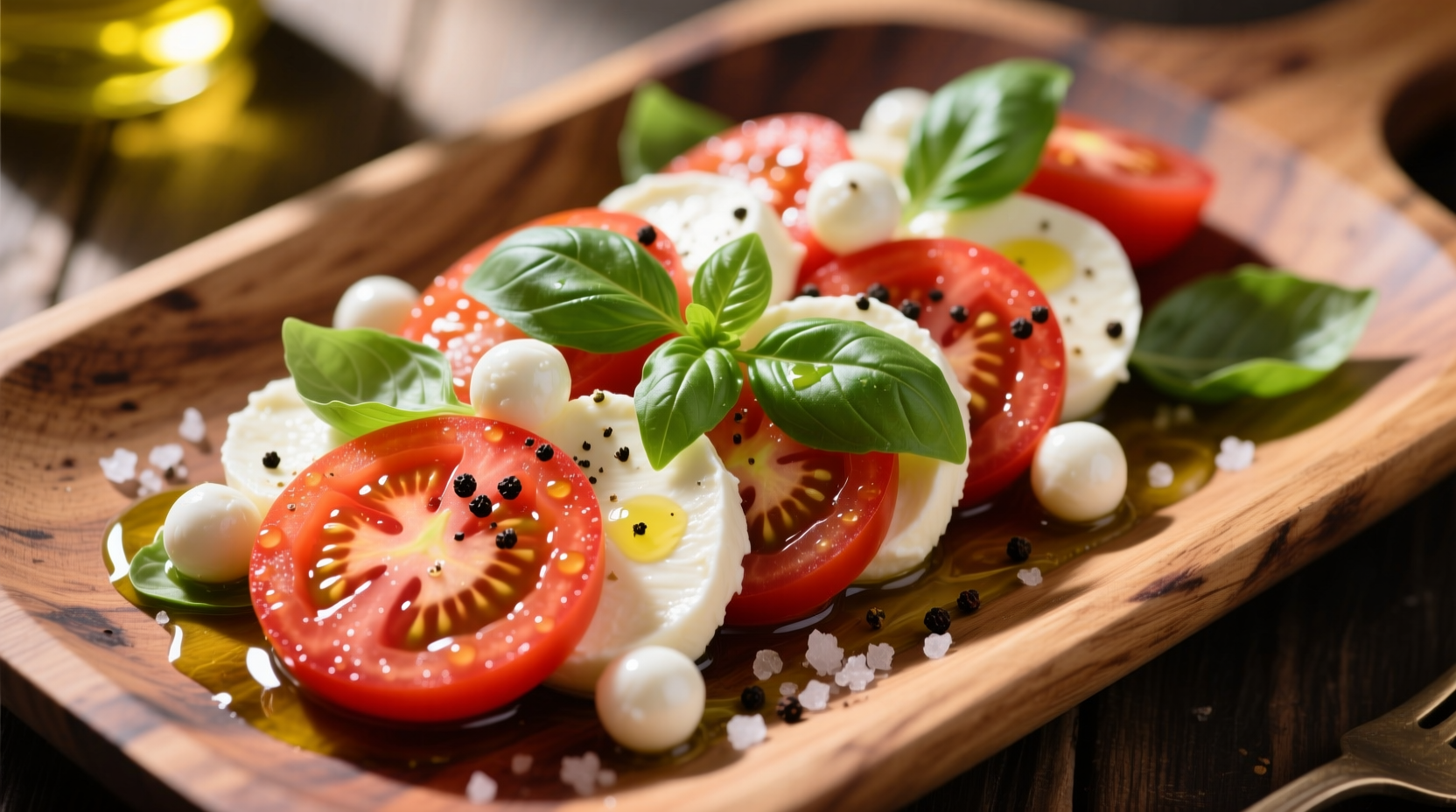 Tomato mozzarella basil hors d'oeuvres on wooden platter