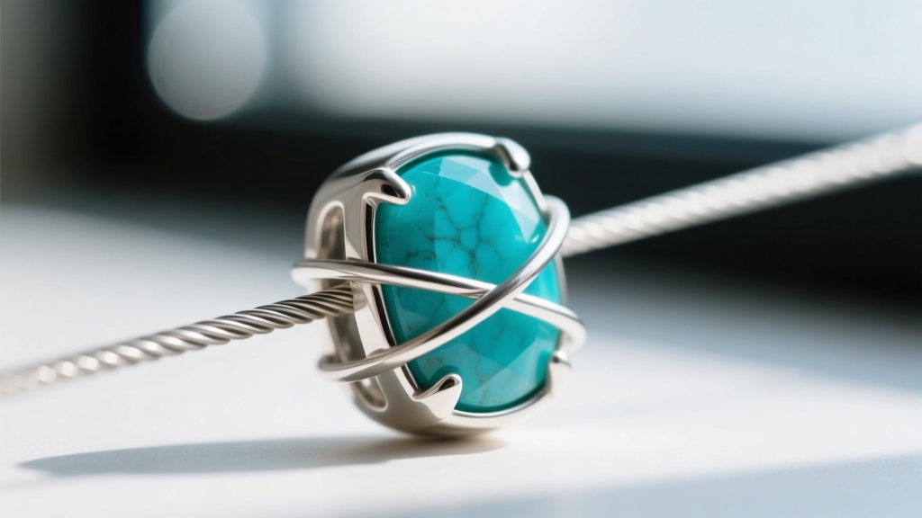 Macro shot of 26-gauge square wire securing a turquoise stone, showing tight tension and clean crossovers on a sterling bezel