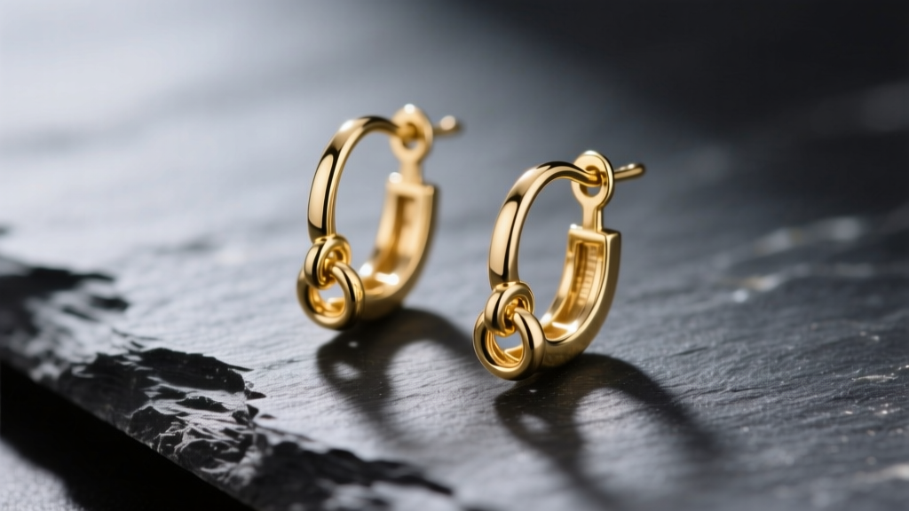Macro shot of 14k gold small dangler earrings on dark slate, highlighting the intricate jump ring connections and polished finish.