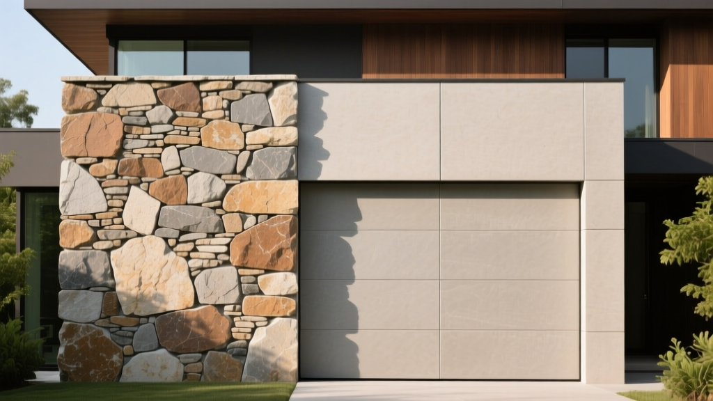 Natural split-face limestone exterior stone veneer wall contrasting with manufactured cast-stone veneer on a modern home facade