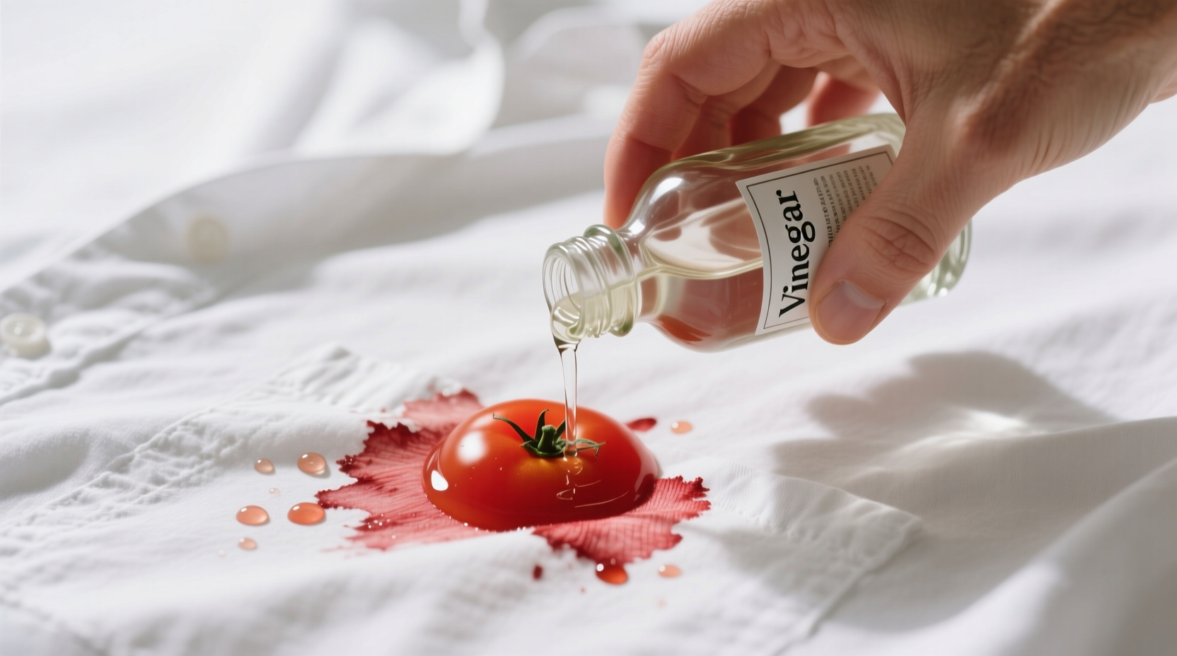 Hand applying vinegar to tomato stain on white shirt