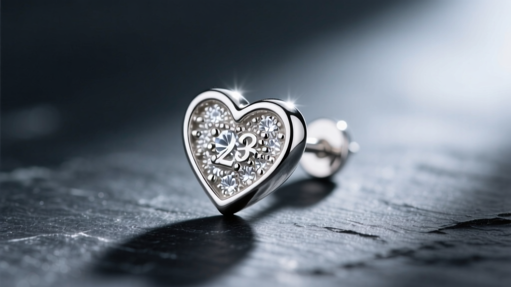 Macro shot of a polished 925 sterling silver heart earring stud, showing the bright rhodium finish against a dark slate background.