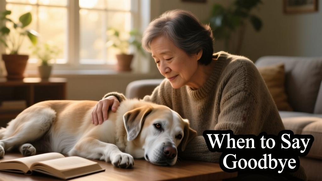 A gentle close-up of an older dog resting quietly beside their human, both looking calm and connected