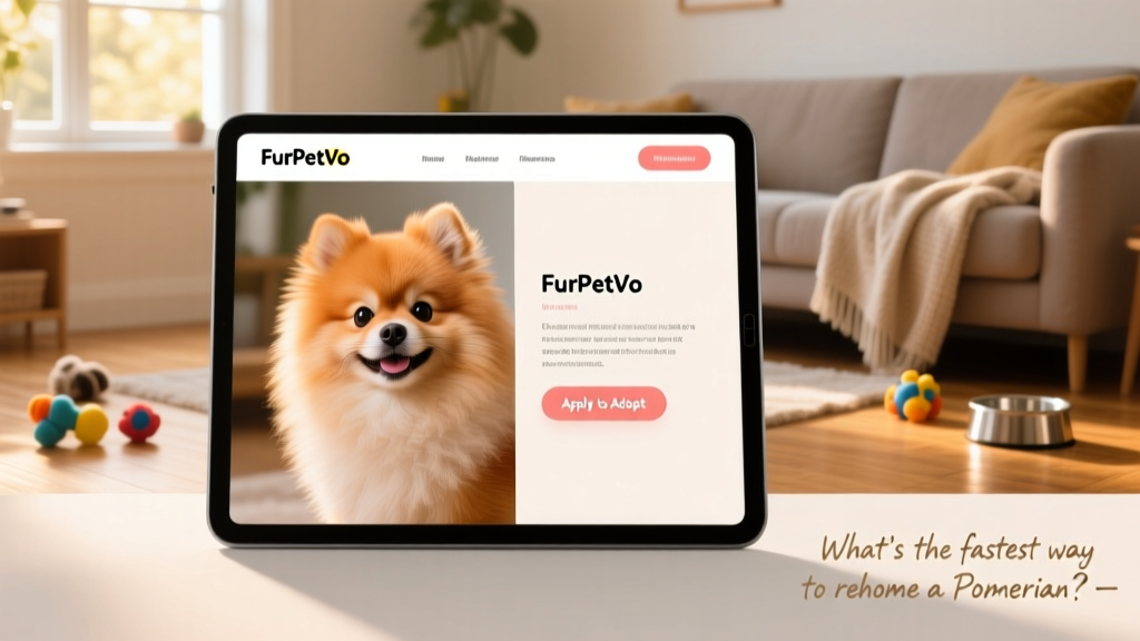 Screenshot-style mockup of the FurPetVo website showing a Pomeranian profile with photos, bio, and 'Apply to Adopt' button