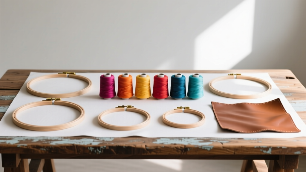 Flat lay of embroidery hoops, colorful cotton thread spools, and leather backing materials arranged neatly on a wooden craft table.