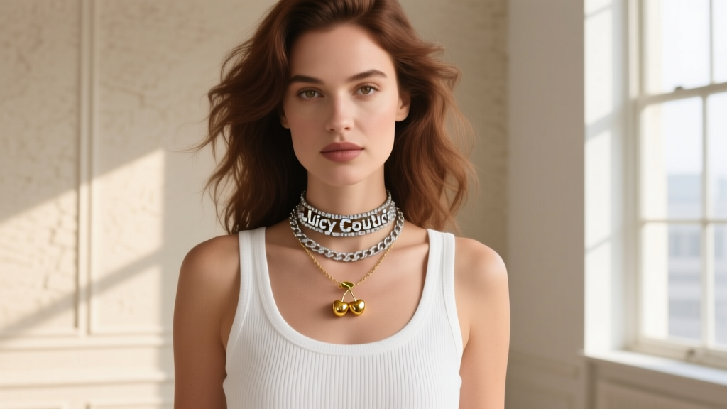 Woman wearing a layered vintage Juicy Couture rhinestone choker and gold-tone cherry charm necklace over a white ribbed tank top.