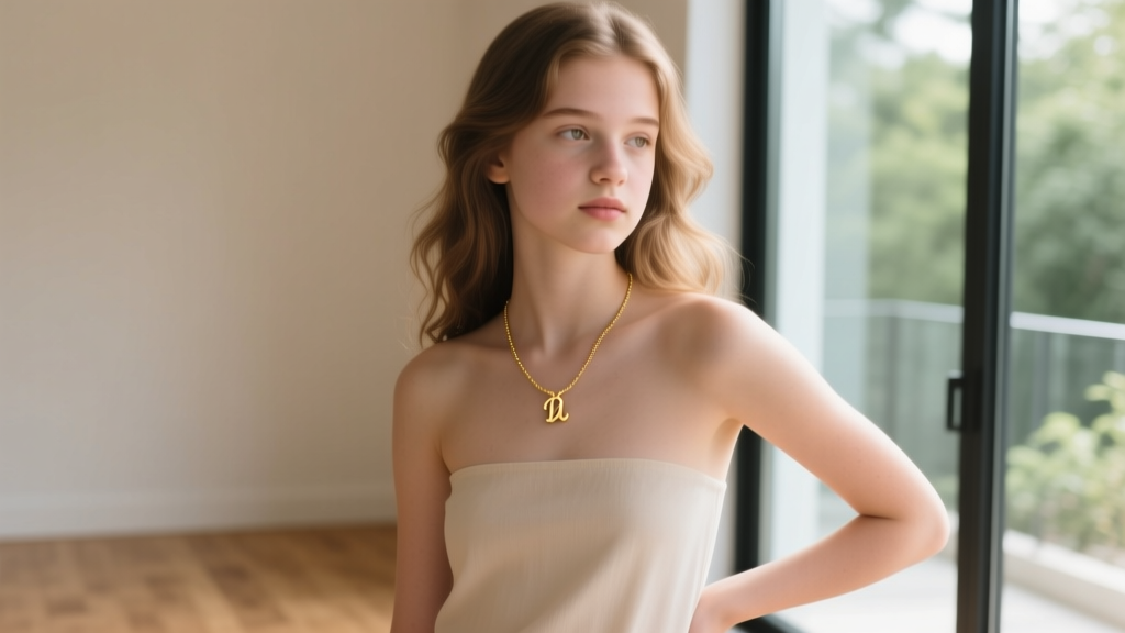 Teenage girl wearing a delicate gold vermeil initial necklace, soft natural window lighting, candid lifestyle portrait