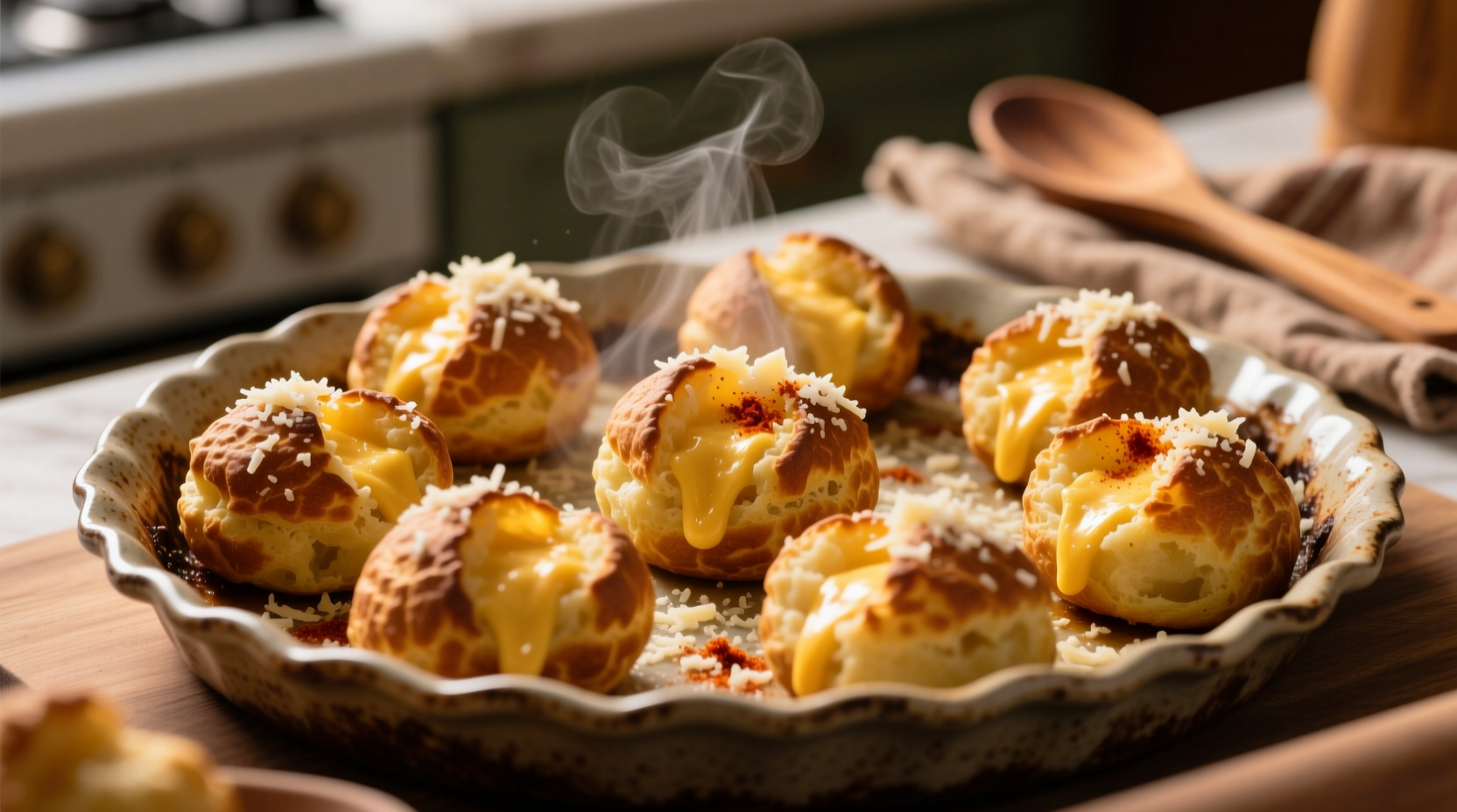 Golden brown mashed potato cheese puffs on baking sheet