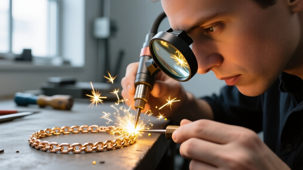 Jeweler using a laser welder to repair a 14k rose gold figaro chain link, with bright sparks and a magnifying loupe in sharp focus