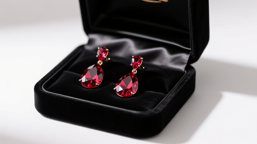 Open black velvet box revealing sparkling ruby-red crystal drop earrings on satin, illuminated by soft, warm studio lighting.