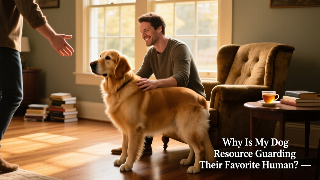A dog standing protectively beside their owner while gently watching another person approach