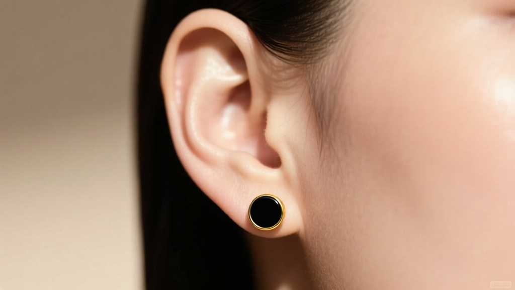 Ear lobe wearing an 8mm black enamel and 18k yellow gold stud earring, demonstrating proper sizing and a flush, comfortable fit