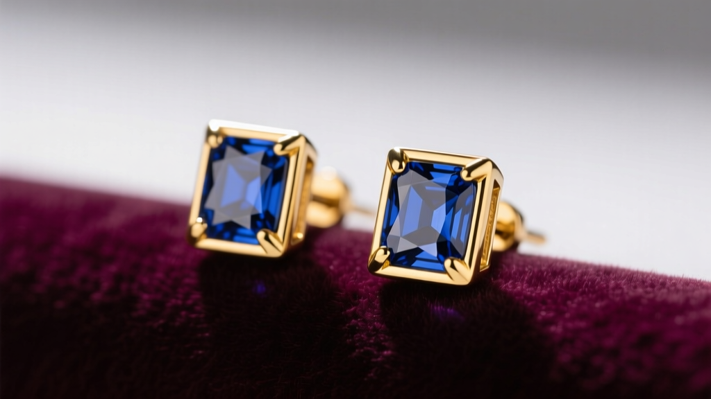 Close-up of 14k yellow gold rectangle sapphire stud earrings on velvet, soft studio lighting highlighting geometric facets