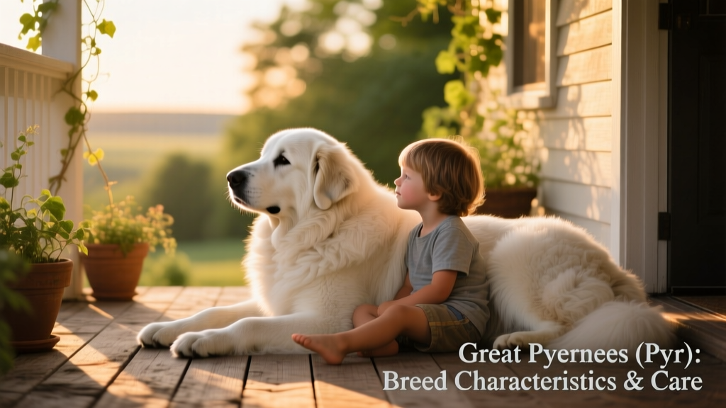 A calm adult Great Pyrenees resting beside a child on a sunlit porch, both gazing peacefully toward the horizon