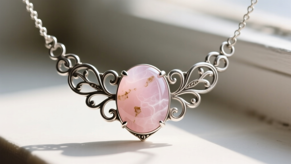 Close-up of an authentic vintage rose quartz necklace with a cloudy pink cabochon set in tarnished 925 sterling silver filigree.