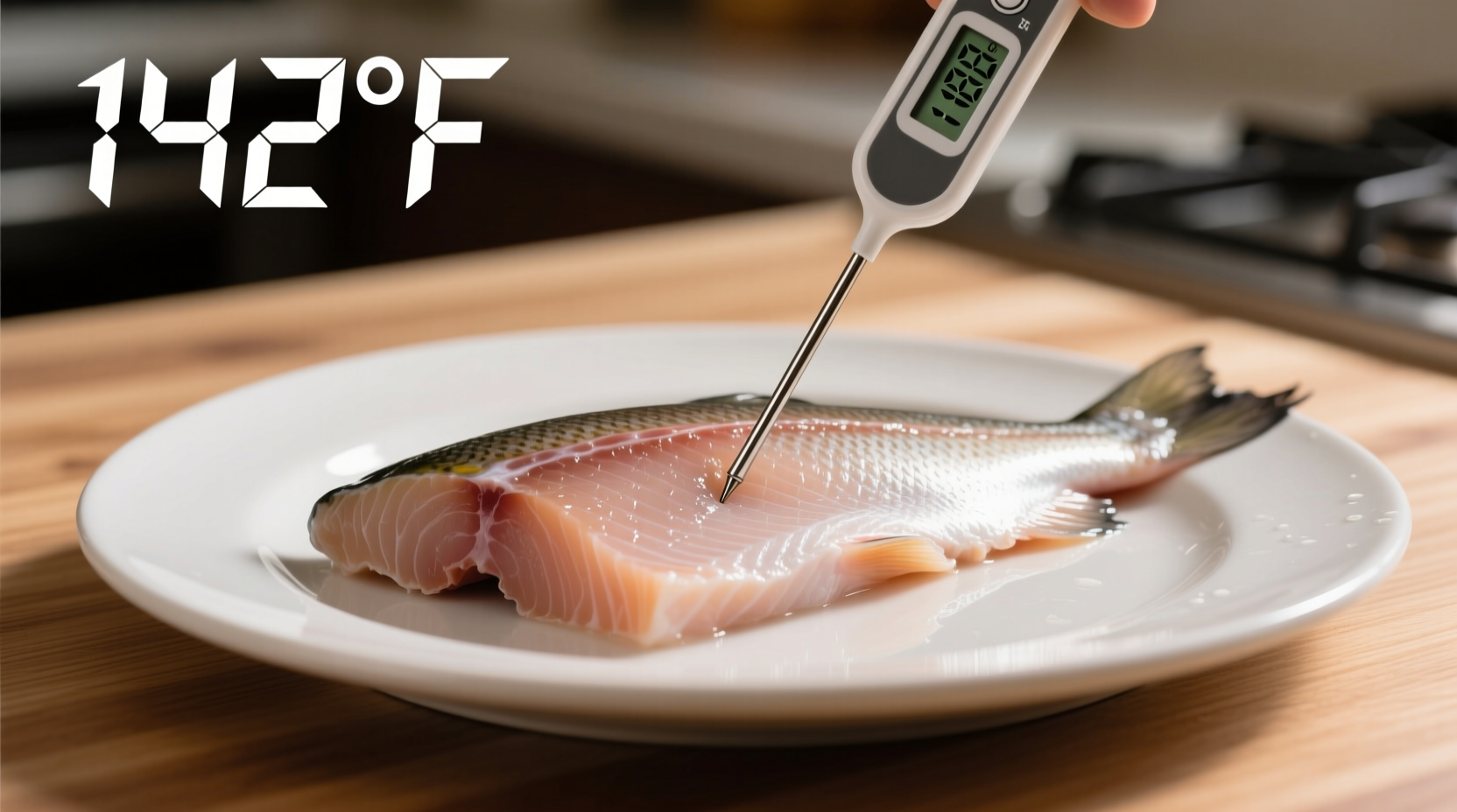 Digital thermometer measuring tilapia fillet temperature