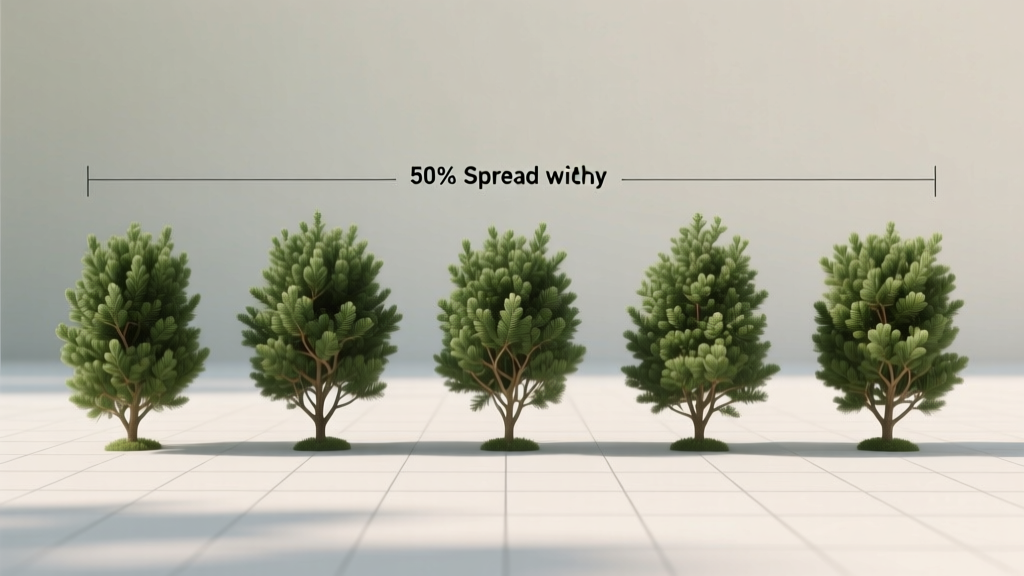 Diagram showing proper planting spacing for evergreen privacy shrubs based on fifty percent of their mature spread width