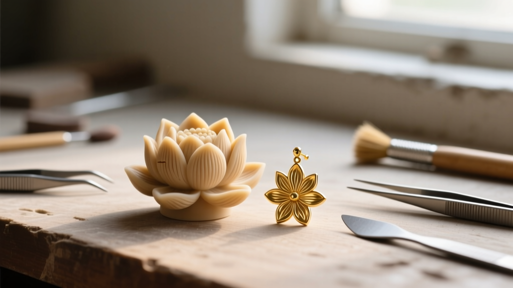 Close-up of a workbench showing a raw wax lotus flower earring model next to a finished 18k gold cast piece with hand tools.