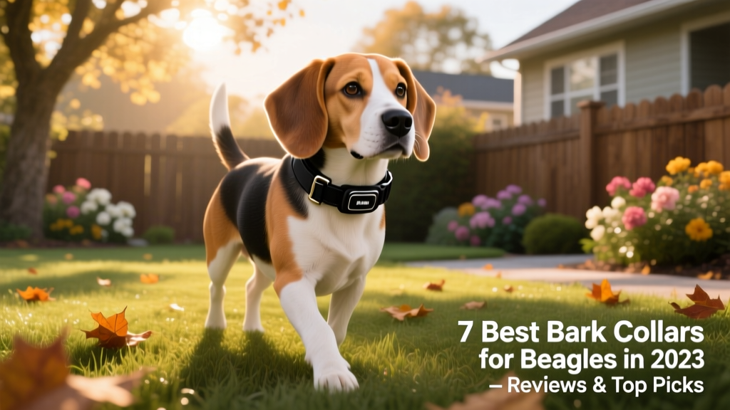 A calm beagle wearing a sleek, adjustable bark collar during a sunny backyard walk