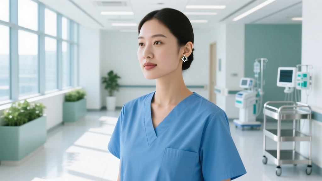 Nurse in blue scrubs wearing minimalist 18-gauge titanium flat-back labret stud earrings in a bright, modern hospital ward