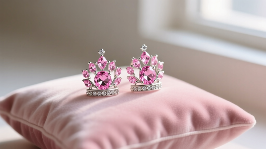 Pink crystal and silver crown-motif Glinda earrings resting on blush velvet, illuminated by soft natural window light