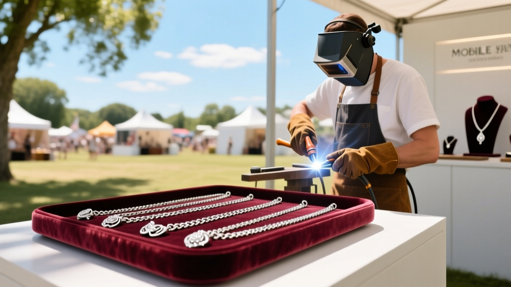 Mobile jewelry pop-up booth featuring a velvet display tray of silver chains and a welder, outdoors at a sunny summer festival.