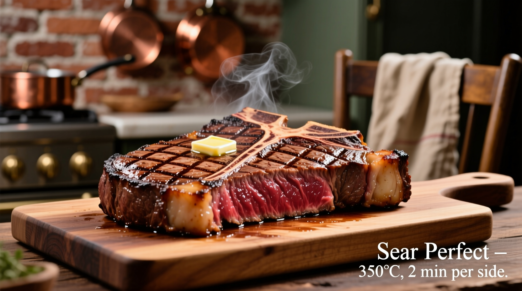 Perfectly seared T-bone steak with crosshatch marks