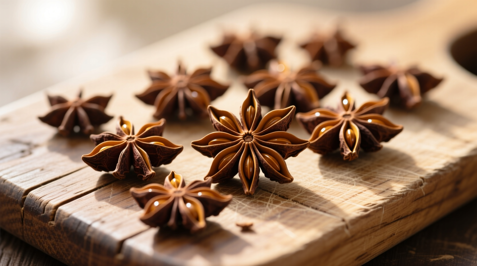 Star anise pods arranged on wooden cutting board