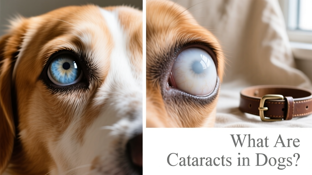 Side-by-side comparison: one dog eye showing lenticular sclerosis (bluish, semi-transparent haze), another showing a mature cataract (dense white opacity)