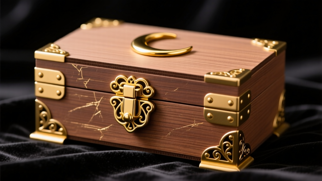 Detailed view of solid brass hinges and a gold-plated crescent moon clasp on a premium MDF Sailor Moon box against dark velvet.