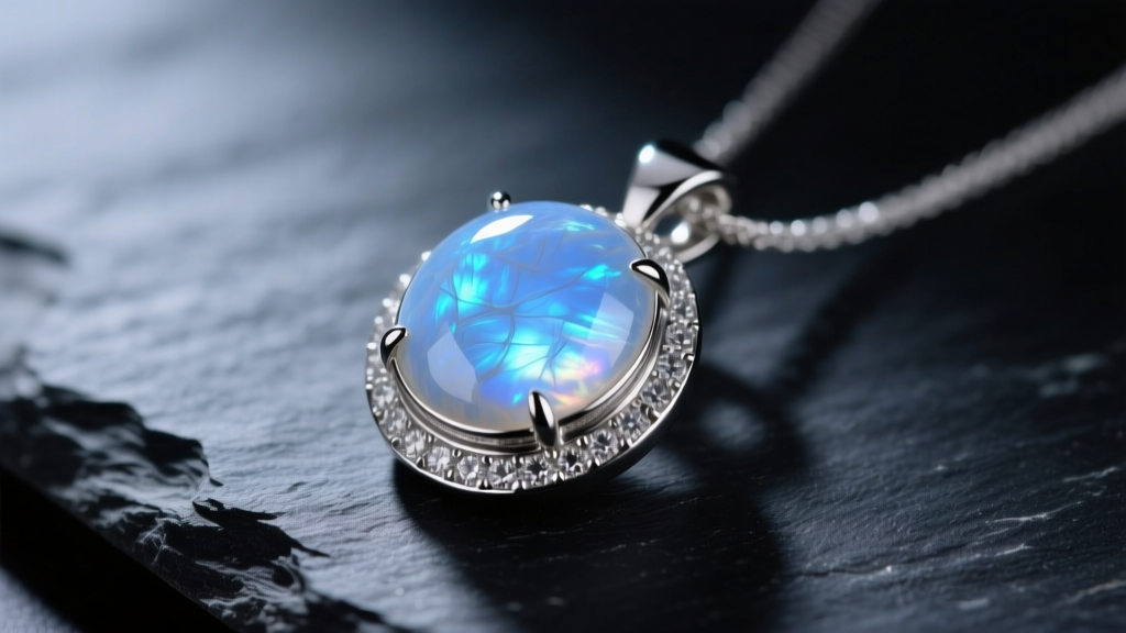 Macro shot of a blue moonstone pendant in a silver bezel on dark slate, with soft lighting highlighting its bright adularescence.