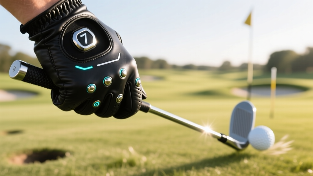 Close-up of a golf glove with embedded biometric sensors gripping a 7-iron at the top of a backswing on a sunlit range.