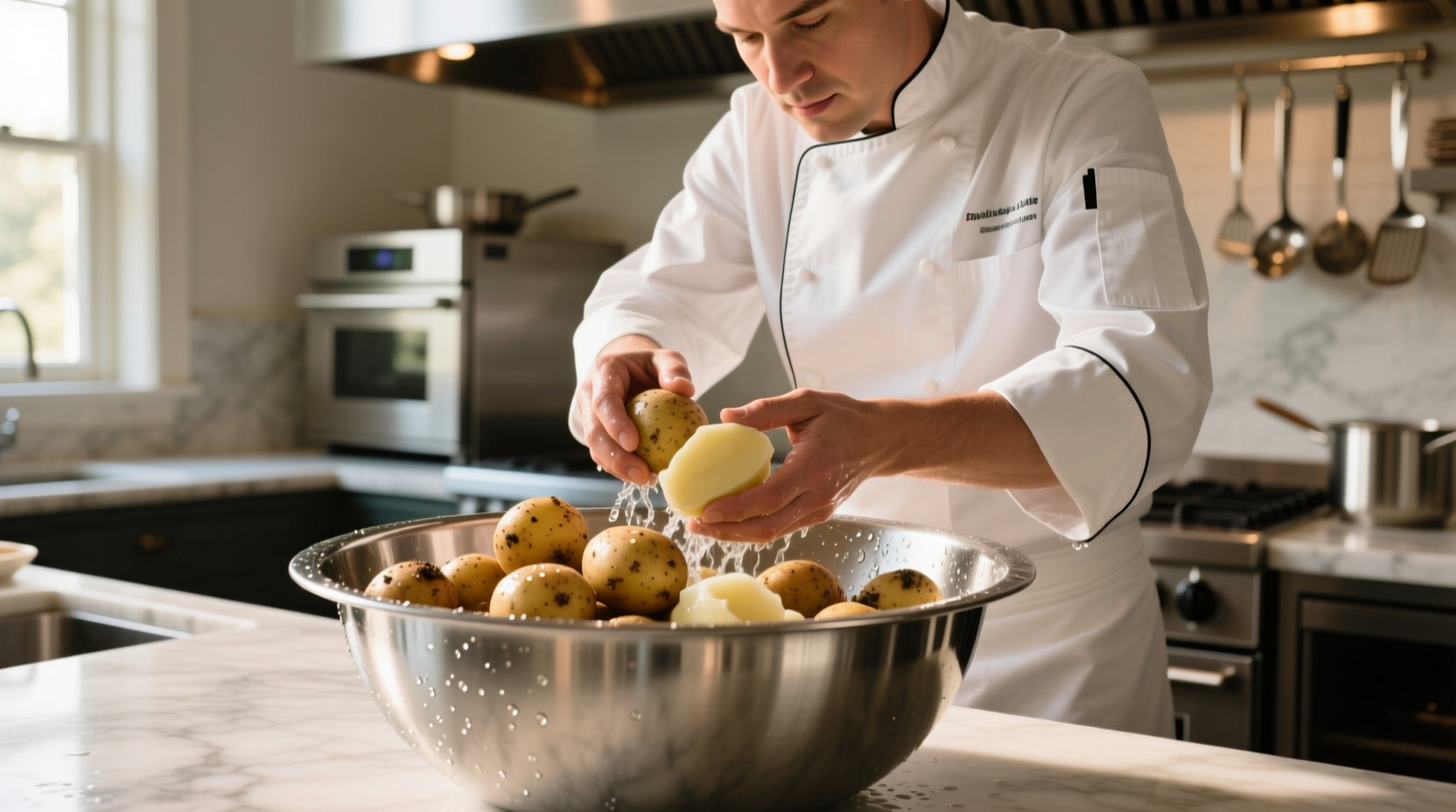 Chef washing potatoes in stainless steel bowl