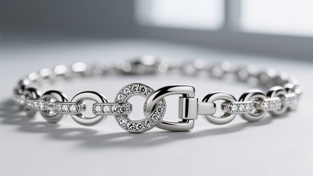 Detailed view of a diamond tennis link necklace clasp, showing a secure box clasp with a figure-eight safety catch in platinum